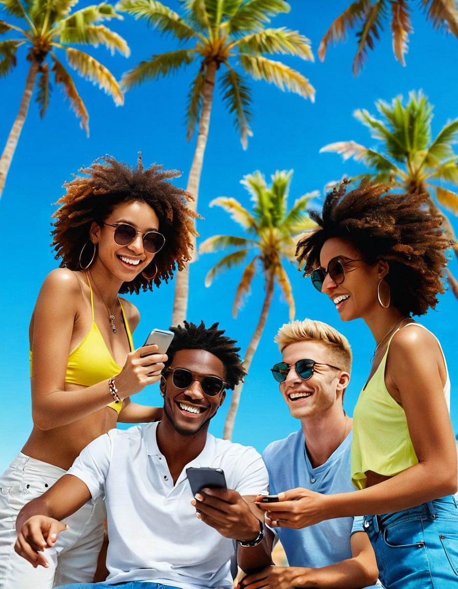 A vibrant summer scene showcasing a diverse group of friends using mobile devices on a beach. They are sharing travel photos, planning activities on apps, and enjoying music. Palm trees sway in the background under a bright blue sky. The image should convey excitement and connection through technology in an outdoor setting. vibrant colors. super-realistic. bright background.