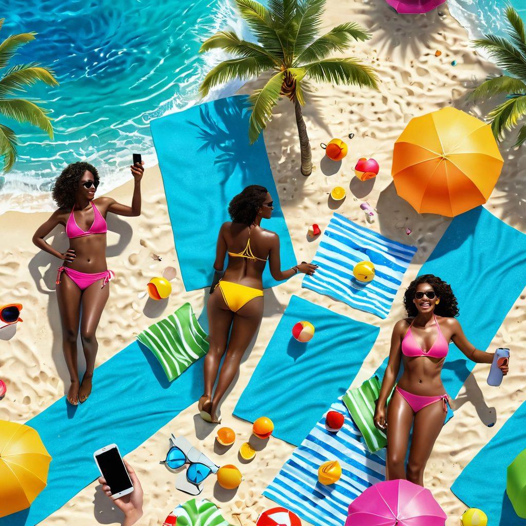 A vibrant beach scene showcasing diverse individuals enjoying the sun in stylish swimwear, surrounded by waves and palm trees. Include mobile devices on beach towels displaying swimwear apps and vacation planning tools. Bright colors with elements of summer, such as ice cream and beach balls, enhancing the fun atmosphere. Capture the essence of summer relaxation and stylish beach fashion. super-realistic. vibrant colors. 3D.